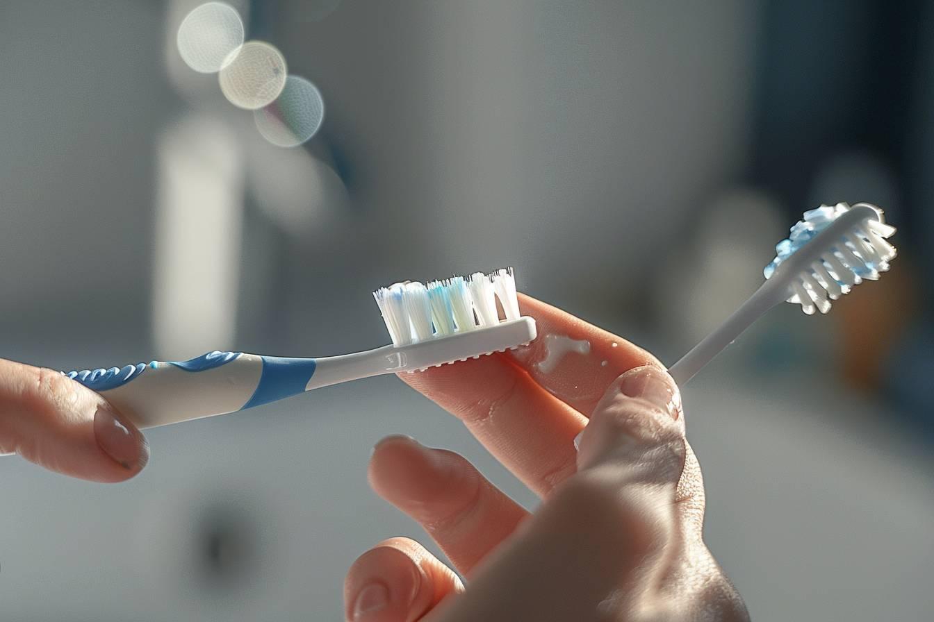 Gros plan sur une brosse &agrave; dents avec des poils blancs tenue en main