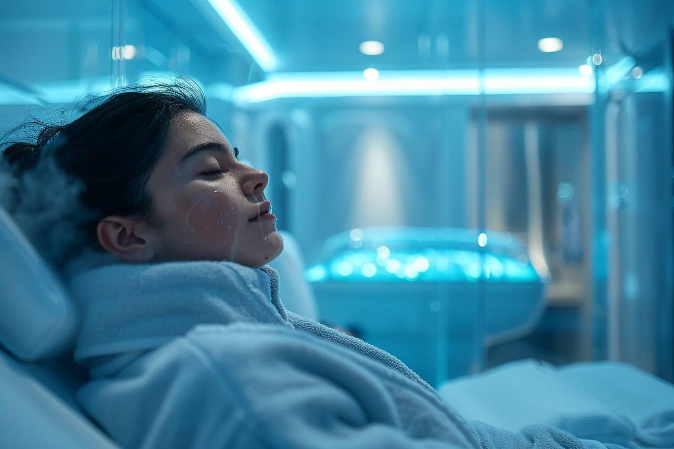 Une personne allong&eacute;e reposant paisiblement dans un lit d'h&ocirc;pital &eacute;clair&eacute; de bleu.